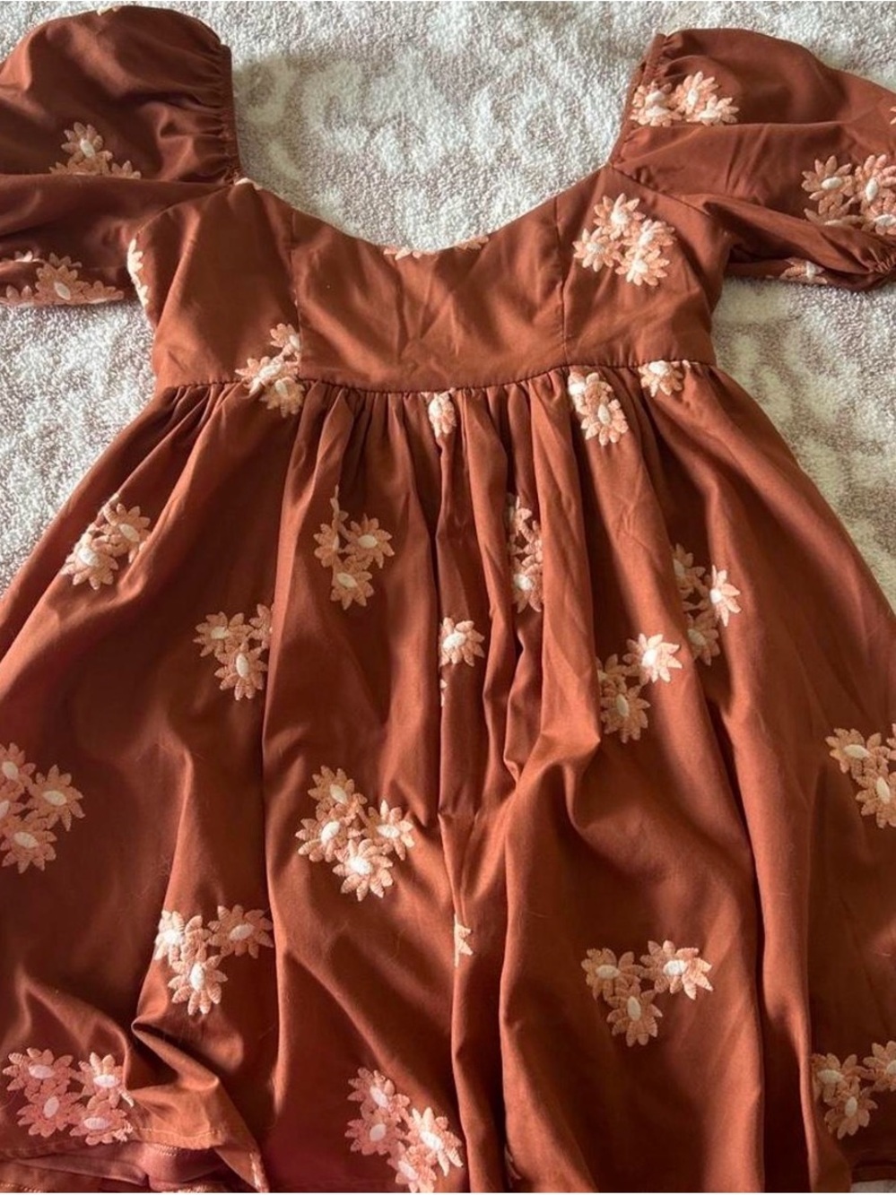 Altar'd State Rust Brown Mini Dress with Cream Pink Floral Embroidery